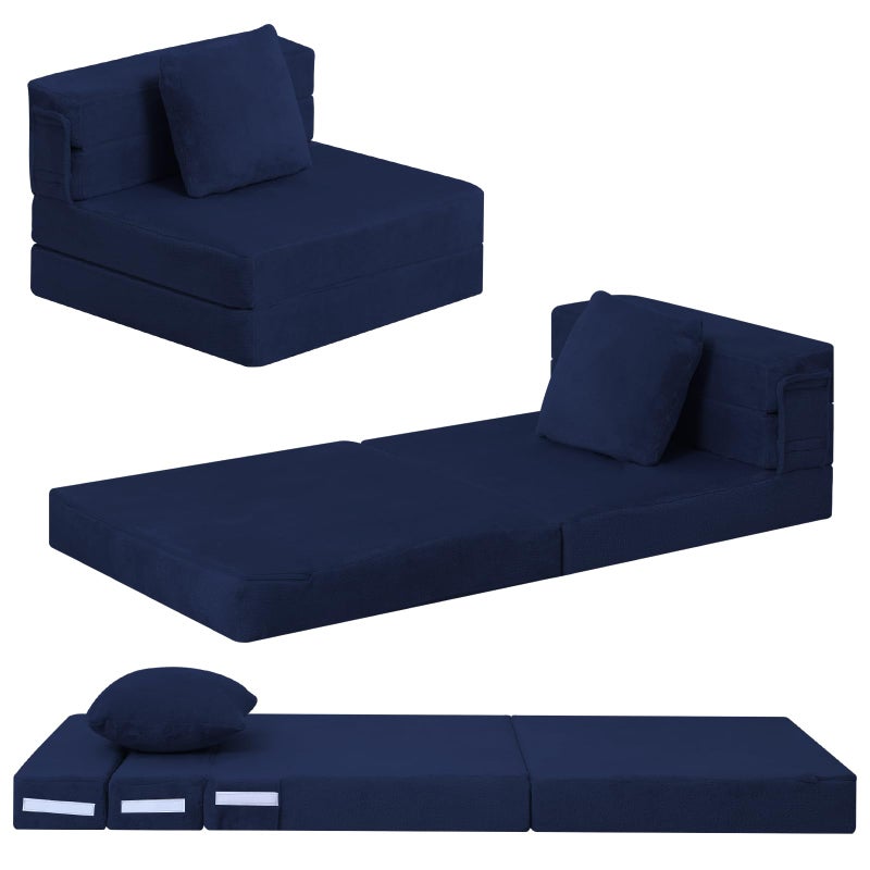 MeMoreCool Foldable Futon Chair Bed for Kids, Toddler Sofa Mattress, Convertible Foam Floor Couch, Tri-fold Sleeping Mattress (Navy) - Image 1