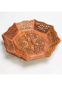 QUESERA Brass Mesh Work Wooden Serving Tray with brass inlay work Plate Butler Tray for Eating Parties  Serving Trays and Platters Brown Set of 3 12 Inch  - Image 2
