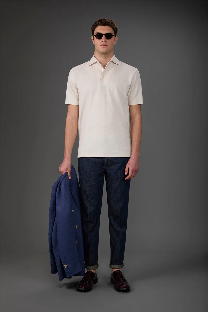 Doppelganger White Men's short-sleeved polo shirt in honeycomb pure cotton - Off White for Men | Best Price UAE