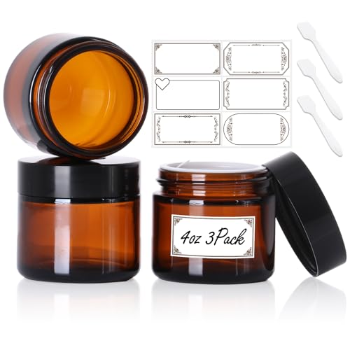 SZUAH 3 Pack 4 oz Amber Glass Jars with lids, Cosmetic Jars with Inner Liners and Black Lids, Lotion Jars, Candle Making Jars for Lotions, Scrubs and Cosmetic, Lables and Spatulas Include - Image 1