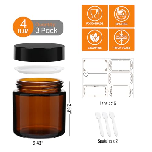 SZUAH 3 Pack 4 oz Amber Glass Jars with lids, Cosmetic Jars with Inner Liners and Black Lids, Lotion Jars, Candle Making Jars for Lotions, Scrubs and Cosmetic, Lables and Spatulas Include - Image 2