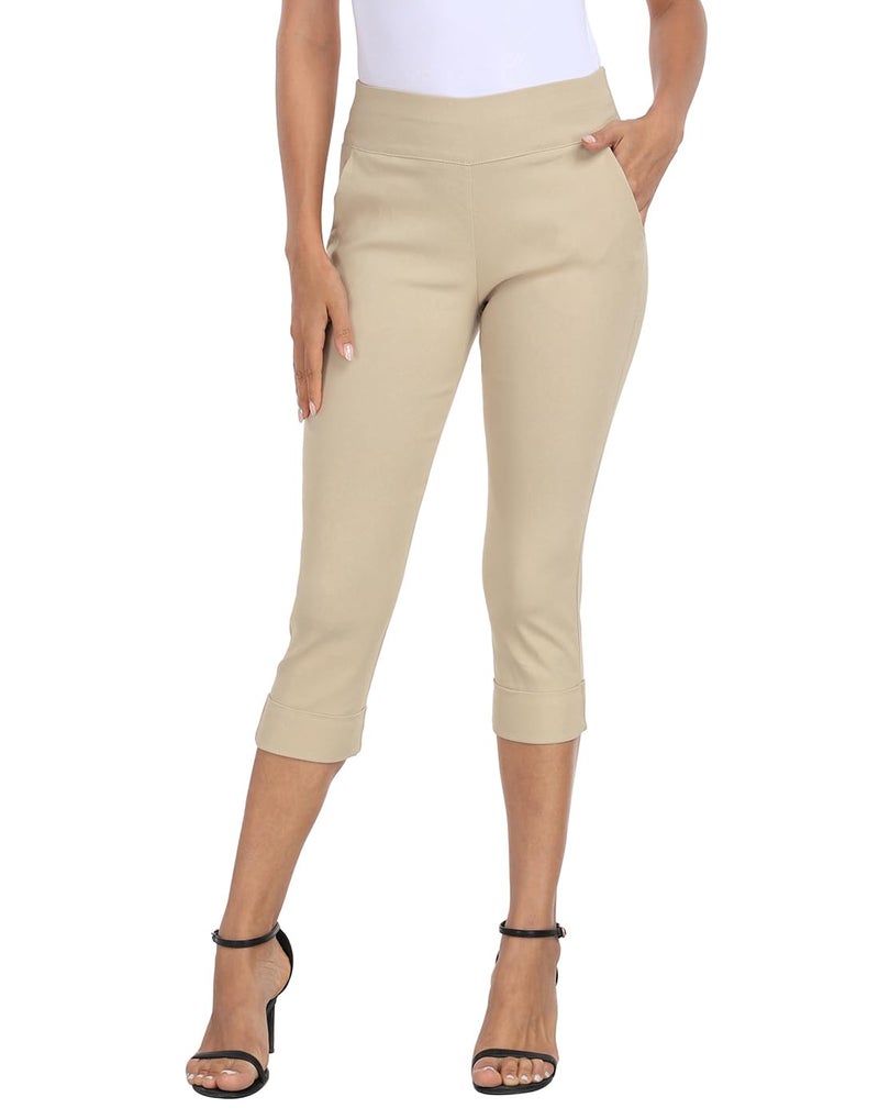 HDE Pull On Capri Pants for Women 19 Inseam Cropped Dress Pants with Pockets Khaki M