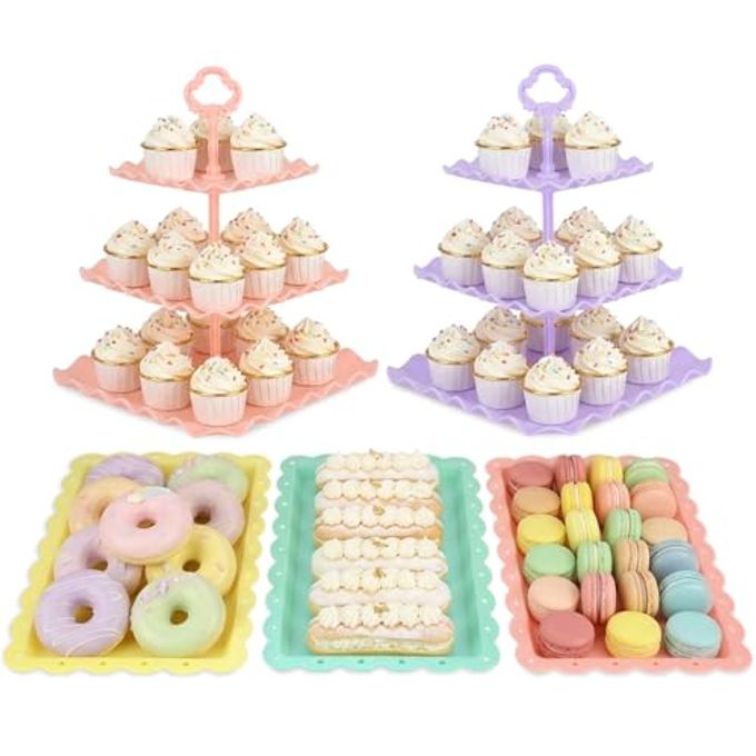 NWK 5 Piece Cake Stand Set with 2 x Large 3-Tier Cupcake Stands, 3 x Appetizer Trays, for Wedding Birthday Baby Shower Tea Party Decorations (Colorful)