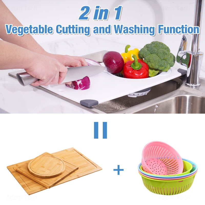 NiHome Over the Sink Cutting Board with Collapsible Colander, 2-In-1 Sink Drainer Board 11"x17.7" Anti-Slip Cutting Board and Detachable Draining Basket with Ergonomic Handle PP Plastic and TPR Rubber - Image 3