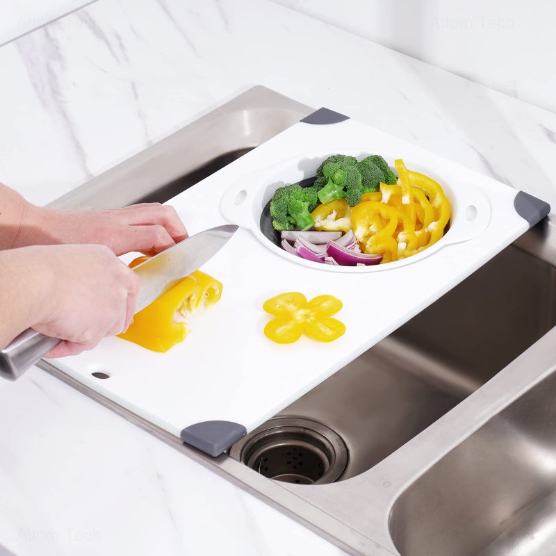 NiHome Over the Sink Cutting Board with Collapsible Colander, 2-In-1 Sink Drainer Board 11"x17.7" Anti-Slip Cutting Board and Detachable Draining Basket with Ergonomic Handle PP Plastic and TPR Rubber - Image 1