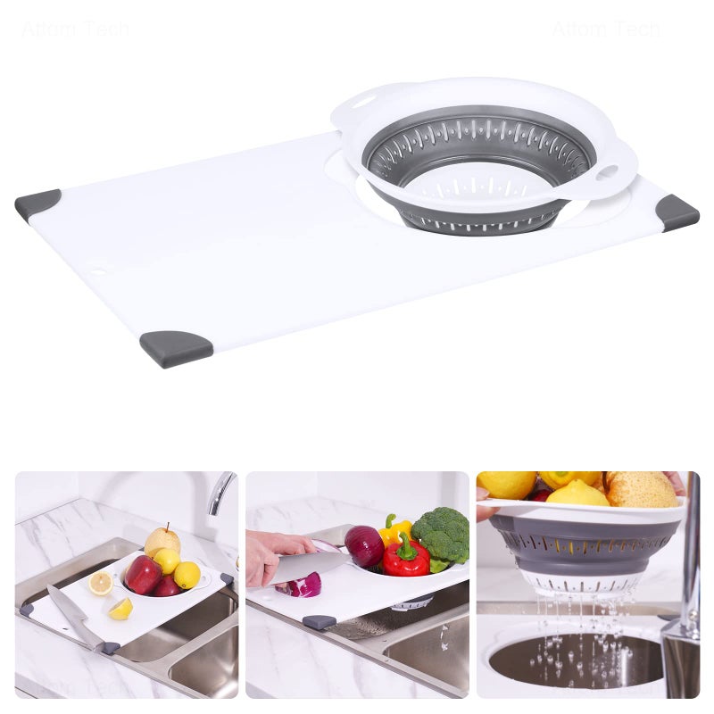 NiHome Over the Sink Cutting Board with Collapsible Colander, 2-In-1 Sink Drainer Board 11"x17.7" Anti-Slip Cutting Board and Detachable Draining Basket with Ergonomic Handle PP Plastic and TPR Rubber - Image 2