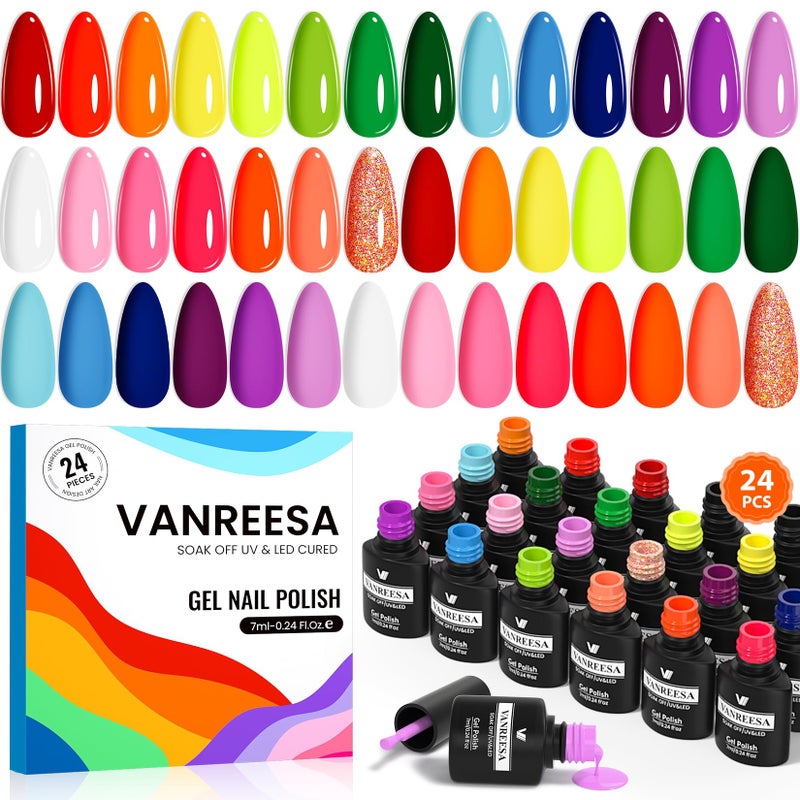 VANREESA 24 Pcs Neon Gel Nail Polish Set, 21 Colors Bright Summer Gel Polish with Base Coat Glossy & Matte Top Coat Red Orange Yellow Green Blue Pink Purple Gel Polish Kit Nail Kit Gifts for Women - Image 1