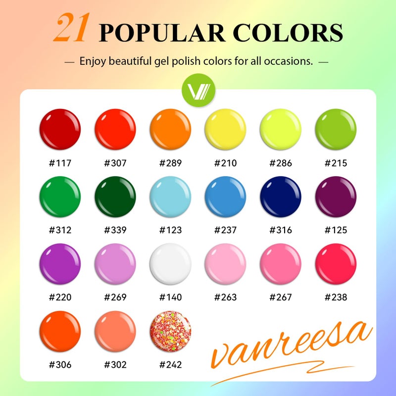 VANREESA 24 Pcs Neon Gel Nail Polish Set, 21 Colors Bright Summer Gel Polish with Base Coat Glossy & Matte Top Coat Red Orange Yellow Green Blue Pink Purple Gel Polish Kit Nail Kit Gifts for Women - Image 2