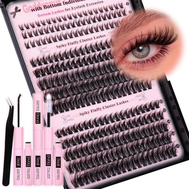 Goddvenus Goddvenus Wispy Lash Clusters Kit Lash Extension Natural C Curl Fluffy Cluster Eyelash Extensions Individual Lashes Kit with Bottom Lash Clusters Waterproof Bond and Seal DIY at Home