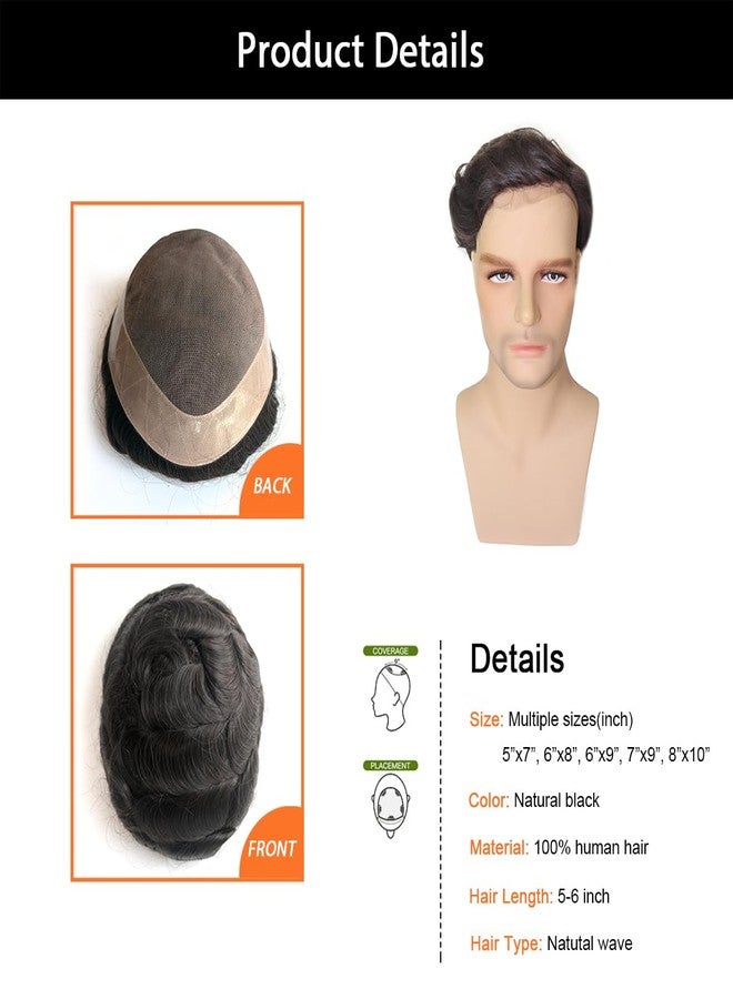 Hywel Toupee for Men with 100% Real Human Hair, Mono Top with Poly Coating Around Cap Mens Wig, Natural Wave Hair Pieces Replacement for Men System Off Black #1B (8 * 10 Inches) - Image 3
