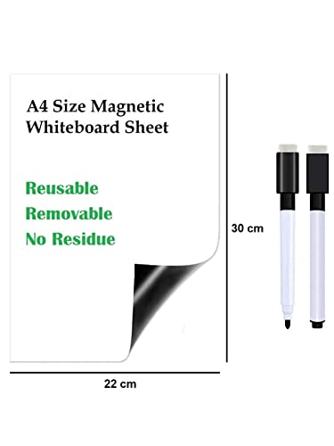 Awestuffs Magnetic Whiteboard Sheet for Fridge/Office/Metal Wardrobe - Stain Resistant Dry Erase Flexible Writing Whiteboard Sheet with 2 Marker Pens [31 x 23 cm] (White) (Medium) - Image 2