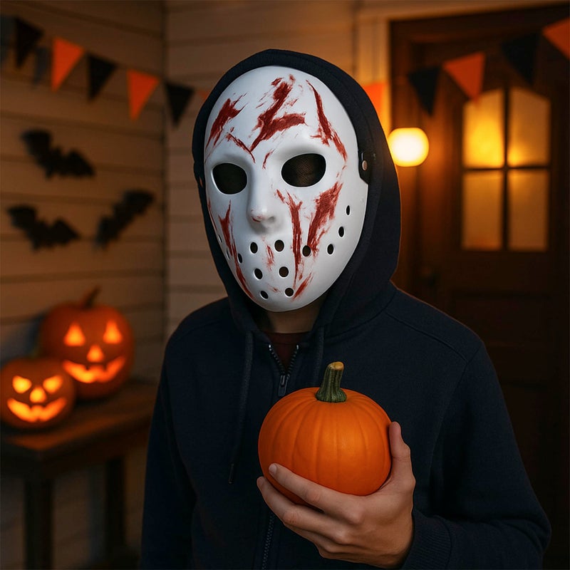 MFCMF Scary Hockey Mask â€“ White Horror Costume Cosplay Mask with Adjustable Straps | Full Face Halloween Prop for Adults & Teens - Image 2