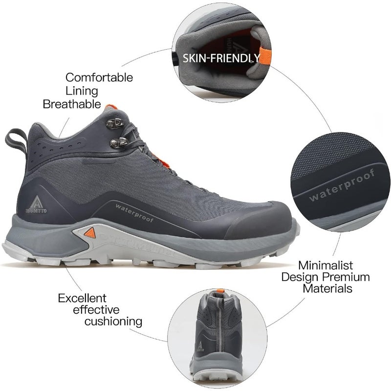 Men's All-Terrain Waterproof Hiking Boots Lightweight Breathable Outdoor Ankle Boots For Trekking Hiking Rubber Sole, Mesh Synthetic Upper, 360 Ankle Support Black/Grey, Size 813 - Image 5