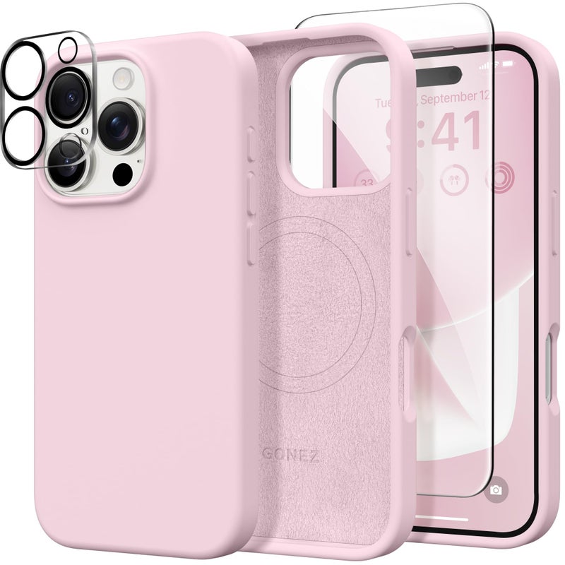 GONEZ Magnetic for iPhone 16 Pro Case, Compatible with MagSafe, [Screen Protector + Camera Lens Protector], Silicone Shockproof Anti-Scratch Protective Phone Case 6.3 inch, Pastel Pink - Image 1