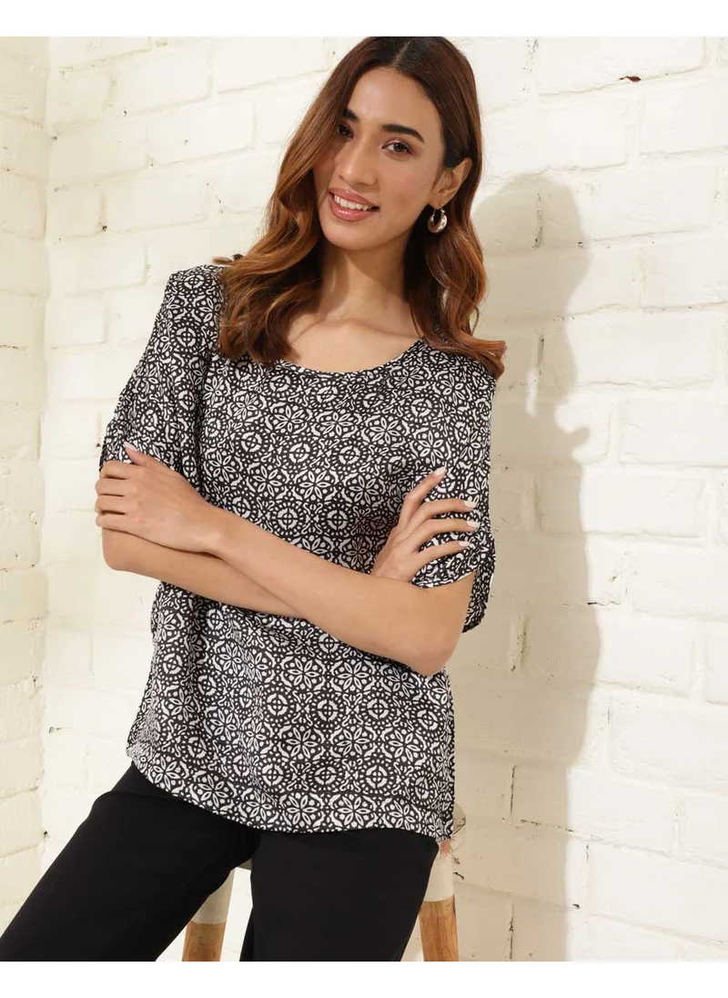 Fabindia Black Viscose Blend Printed Top