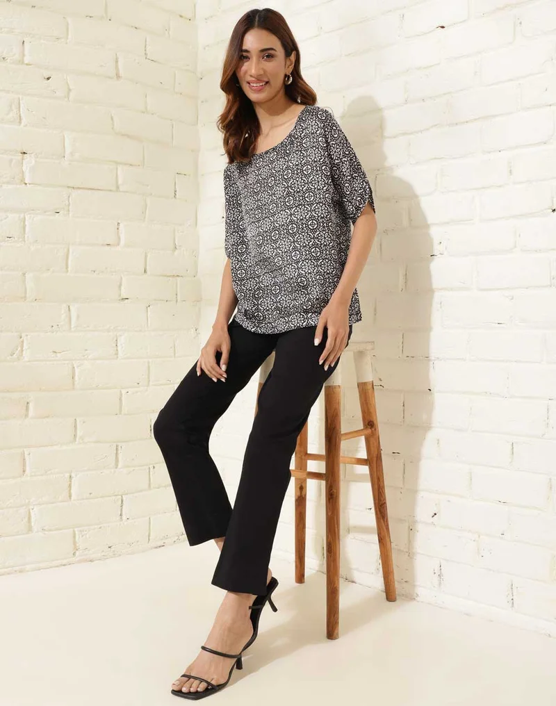 Fabindia  Black Viscose Blend Printed Top for Women | Best Price UAE
