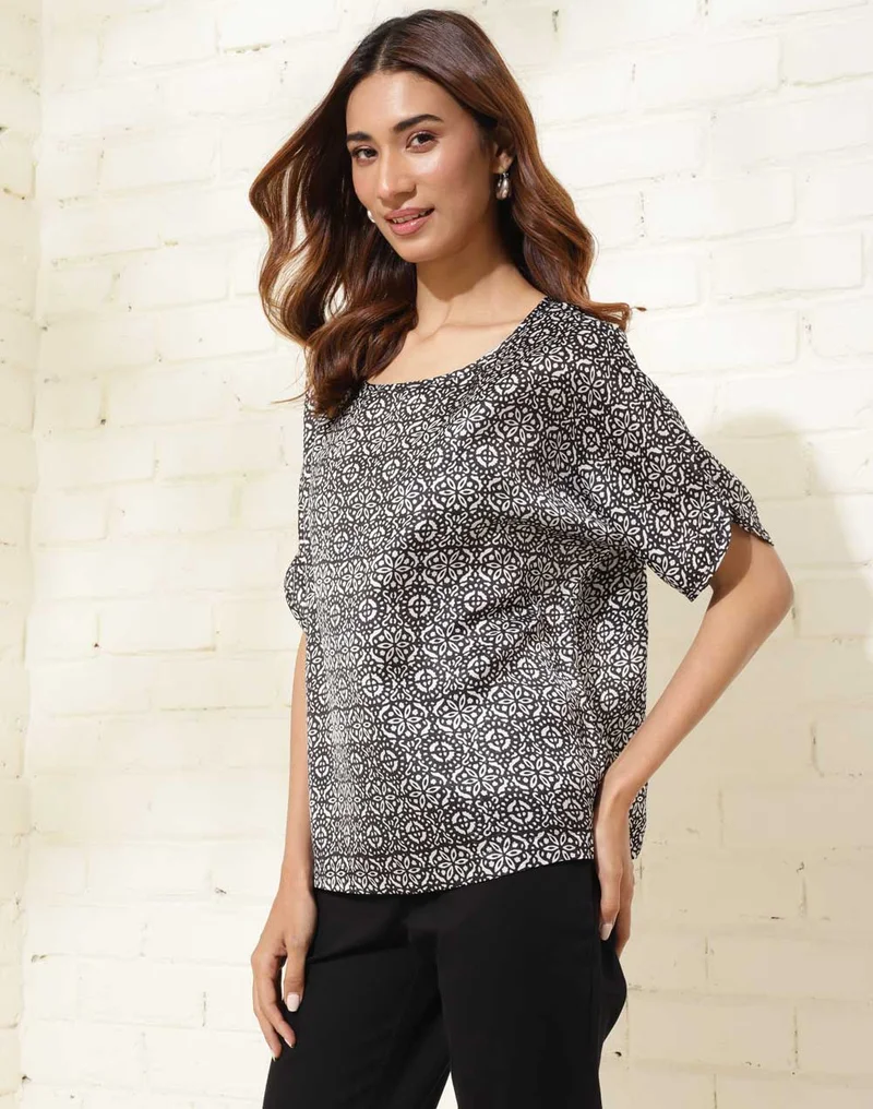 Fabindia  Black Viscose Blend Printed Top for Women | Best Price UAE