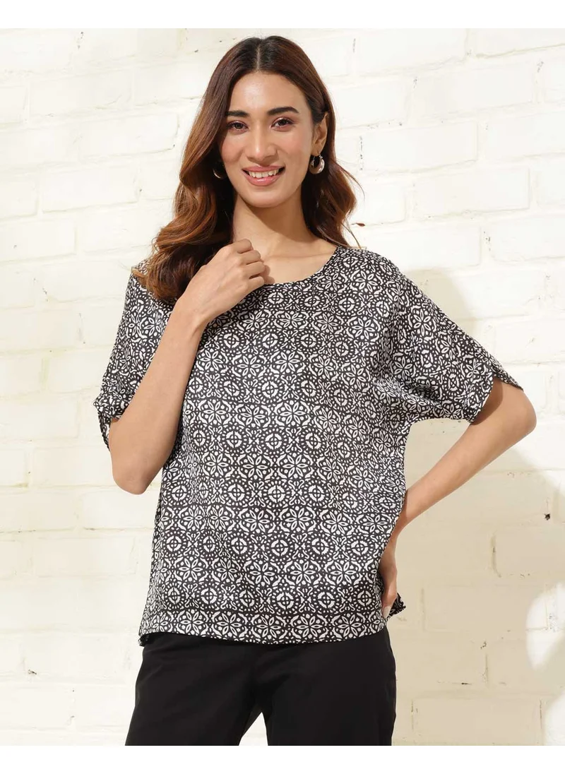 Fabindia Black Viscose Blend Printed Top