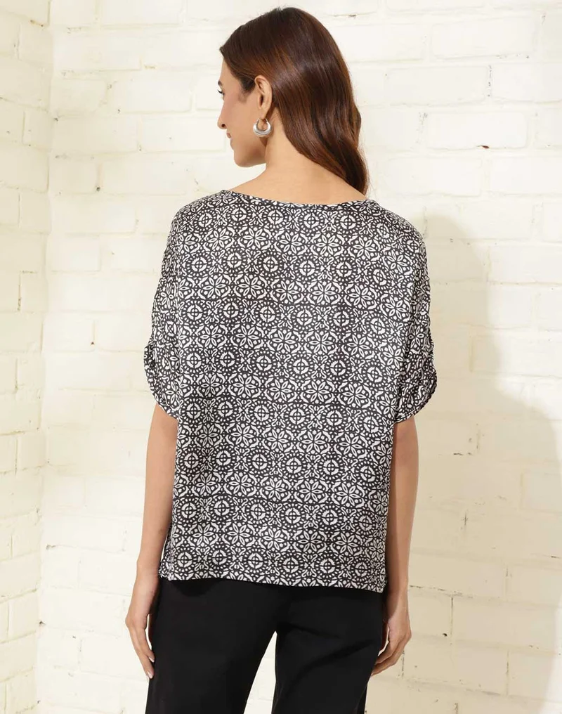 Fabindia  Black Viscose Blend Printed Top for Women | Best Price UAE
