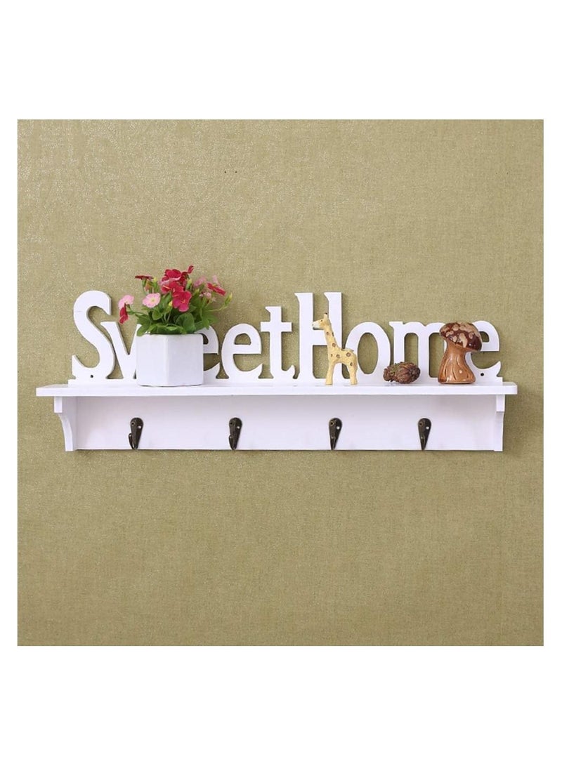 White Sweet Home Key Hooks Holder with Shelf(4-Hook Rack) Wooden Hanging Coat Key Holder Floating Shelves Home Office Wall Decoration - Image 5