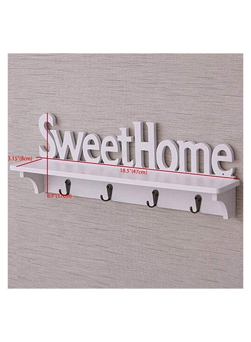White Sweet Home Key Hooks Holder with Shelf(4-Hook Rack) Wooden Hanging Coat Key Holder Floating Shelves Home Office Wall Decoration - Image 4