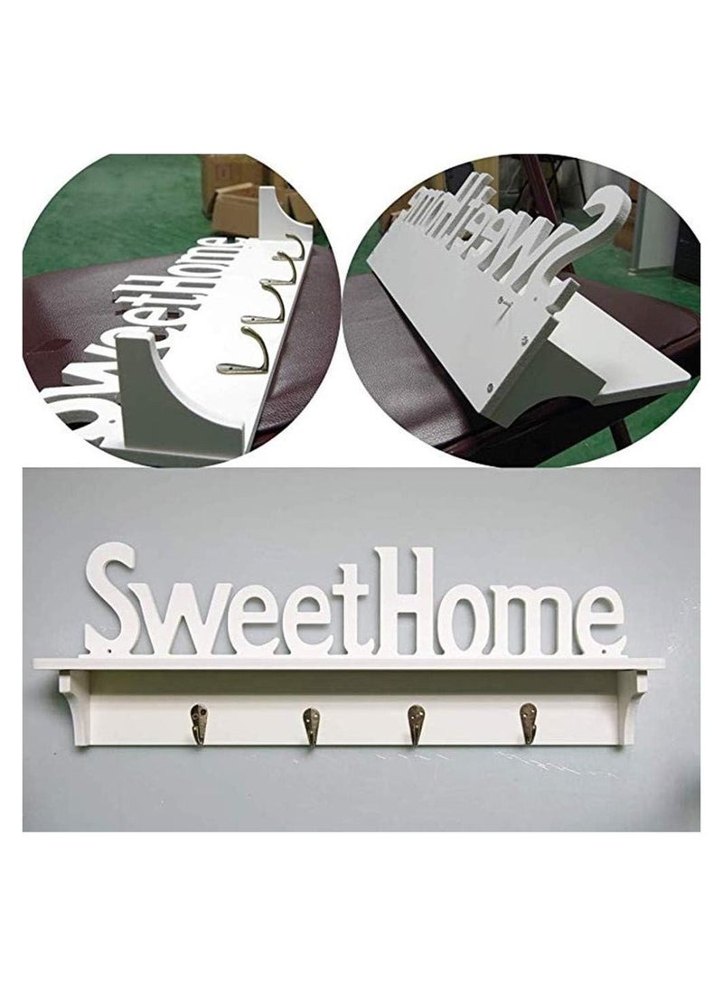 White Sweet Home Key Hooks Holder with Shelf(4-Hook Rack) Wooden Hanging Coat Key Holder Floating Shelves Home Office Wall Decoration - Image 2