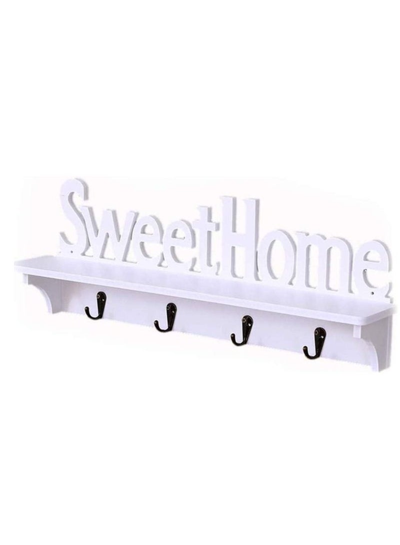 White Sweet Home Key Hooks Holder with Shelf(4-Hook Rack) Wooden Hanging Coat Key Holder Floating Shelves Home Office Wall Decoration - Image 1