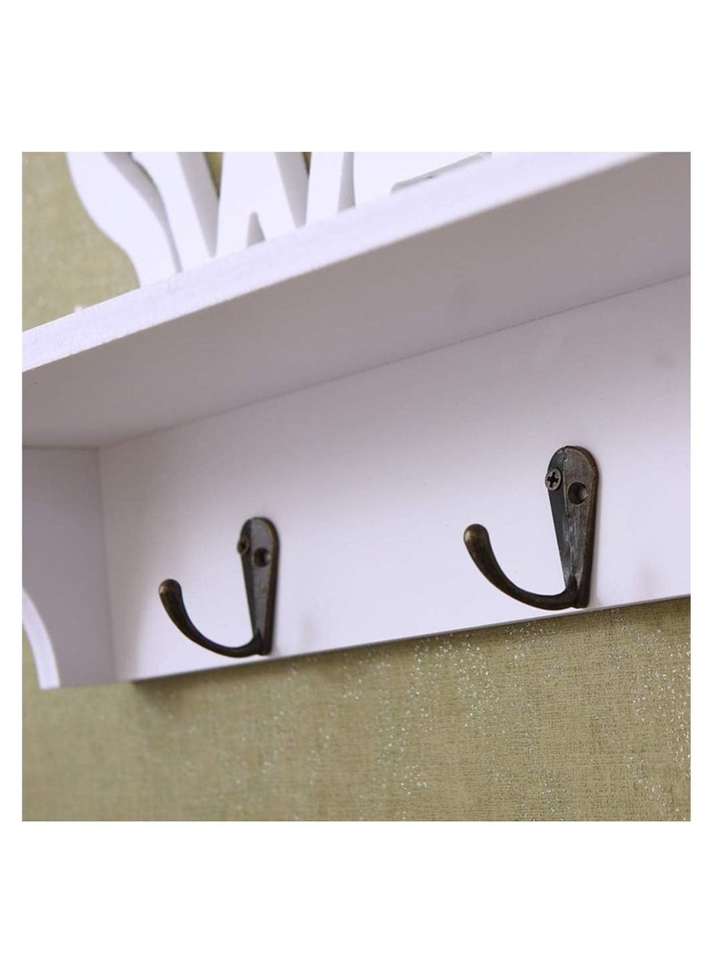 White Sweet Home Key Hooks Holder with Shelf(4-Hook Rack) Wooden Hanging Coat Key Holder Floating Shelves Home Office Wall Decoration - Image 3
