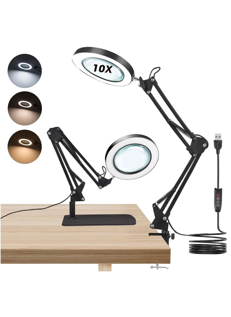 XiuWoo - 10X Magnifying Glass with Light and Stand and Clamp, 2-in-1 Desk Magnifier for Reading 3 Color Modes Lighted Magnifying Glass with Stand, Adjustable Height Magnifying Light for Crafts Hands Free - Image 1