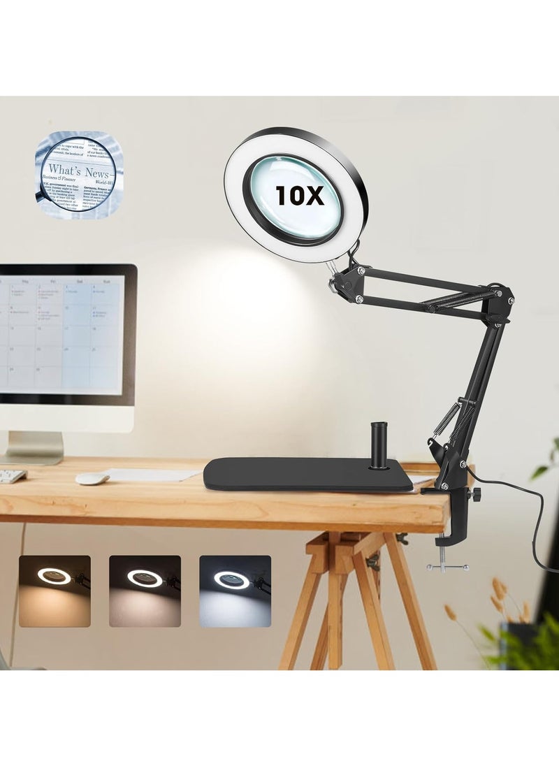 XiuWoo - 10X Magnifying Glass with Light and Stand and Clamp, 2-in-1 Desk Magnifier for Reading 3 Color Modes Lighted Magnifying Glass with Stand, Adjustable Height Magnifying Light for Crafts Hands Free - Image 1