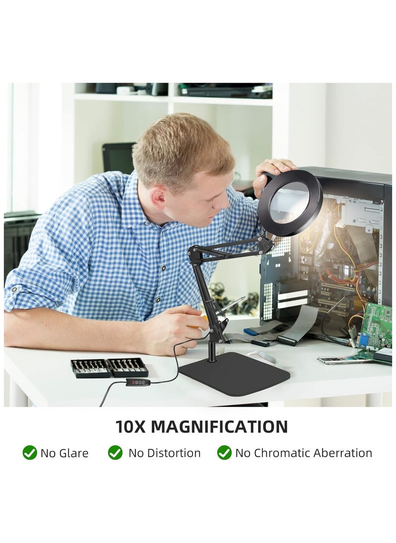 XiuWoo - 10X Magnifying Glass with Light and Stand and Clamp, 2-in-1 Desk Magnifier for Reading 3 Color Modes Lighted Magnifying Glass with Stand, Adjustable Height Magnifying Light for Crafts Hands Free - Image 1