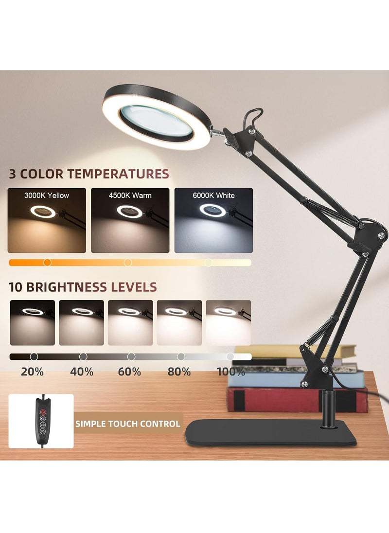 XiuWoo - 10X Magnifying Glass with Light and Stand and Clamp, 2-in-1 Desk Magnifier for Reading 3 Color Modes Lighted Magnifying Glass with Stand, Adjustable Height Magnifying Light for Crafts Hands Free - Image 1