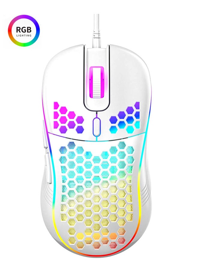 Honeycomb Wired Gaming Mouse, RGB Backlight and 7200 Adjustable DPI, Ergonomic and Lightweight USB Computer Mouse with High Precision Sensor for Windows PC Laptop Gamers (Ceramic White)