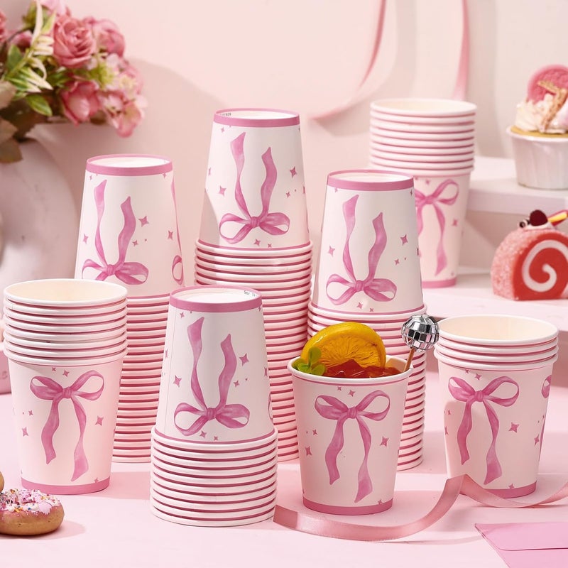 Skyley 100 Pcs Pink Bow Paper Cups Cute Disposable Cups Birthday Bachelorette 9oz Paper Cups Bow Themed Party Decorations for Birthday Coquette Bridal Shower Engagement Pink Bow Party Supplies - Image 2