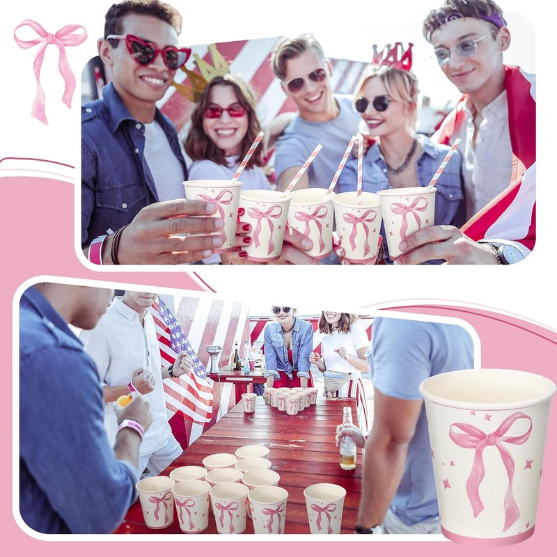 Skyley 100 Pcs Pink Bow Paper Cups Cute Disposable Cups Birthday Bachelorette 9oz Paper Cups Bow Themed Party Decorations for Birthday Coquette Bridal Shower Engagement Pink Bow Party Supplies - Image 5