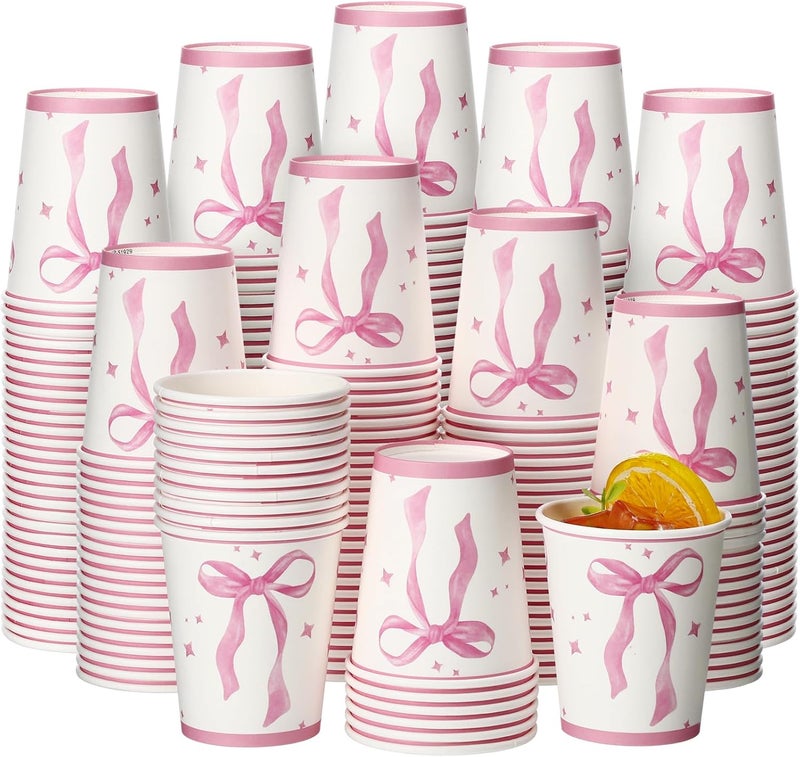 Skyley 100 Pcs Pink Bow Paper Cups Cute Disposable Cups Birthday Bachelorette 9oz Paper Cups Bow Themed Party Decorations for Birthday Coquette Bridal Shower Engagement Pink Bow Party Supplies - Image 1