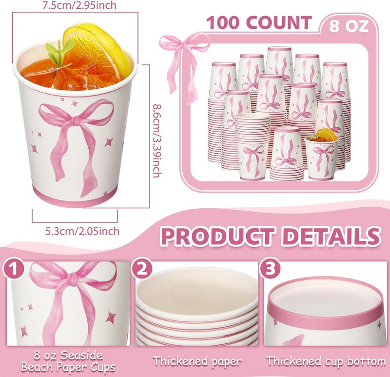Skyley 100 Pcs Pink Bow Paper Cups Cute Disposable Cups Birthday Bachelorette 9oz Paper Cups Bow Themed Party Decorations for Birthday Coquette Bridal Shower Engagement Pink Bow Party Supplies - Image 3