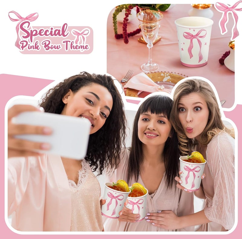Skyley 100 Pcs Pink Bow Paper Cups Cute Disposable Cups Birthday Bachelorette 9oz Paper Cups Bow Themed Party Decorations for Birthday Coquette Bridal Shower Engagement Pink Bow Party Supplies - Image 4