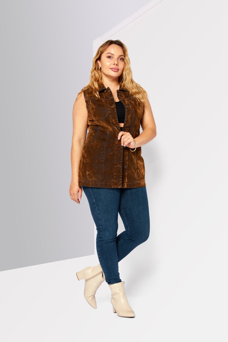 DIESEL Women Spread Collar Sleeveless Plain Shirt, Brown  - Image 3