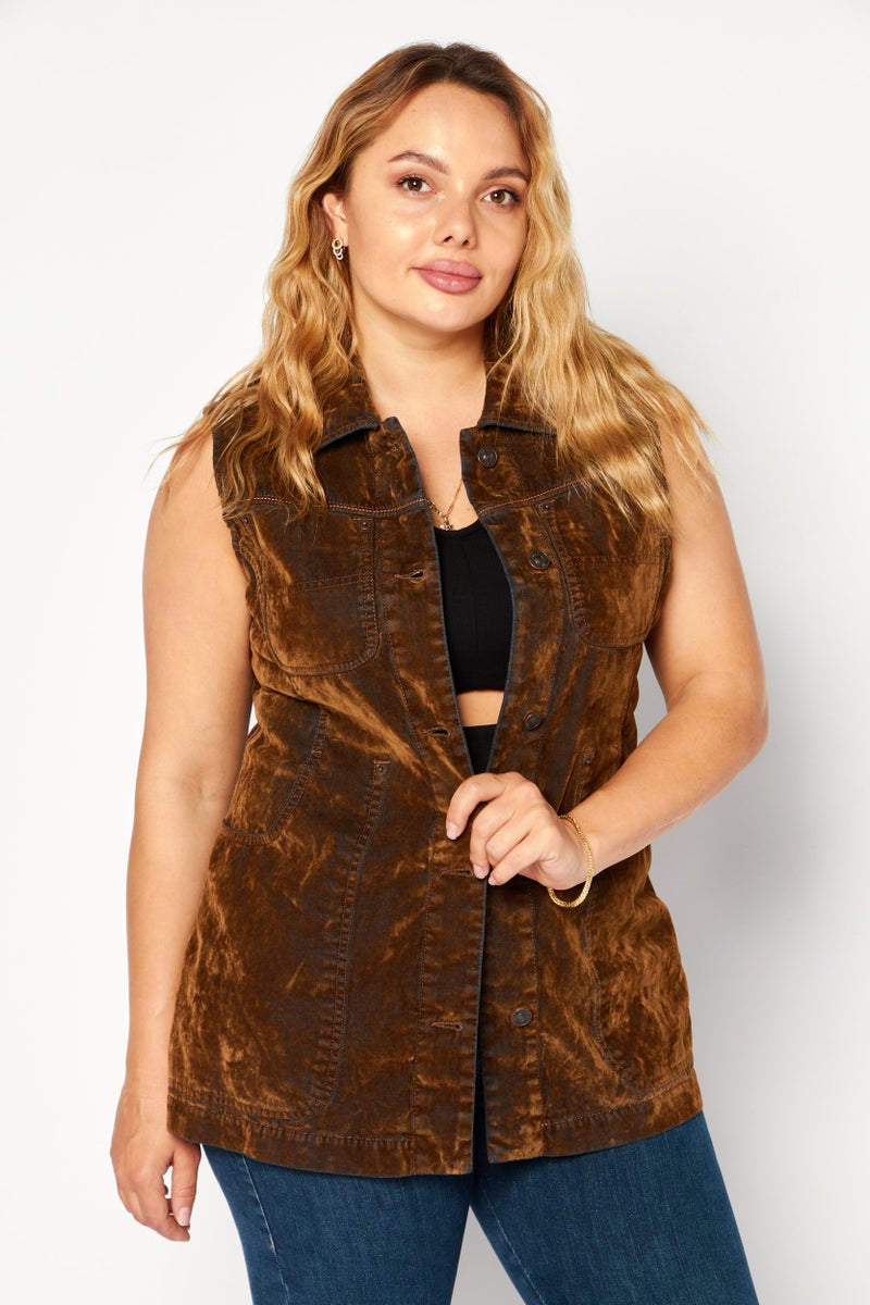 DIESEL Women Spread Collar Sleeveless Plain Shirt, Brown  - Image 1