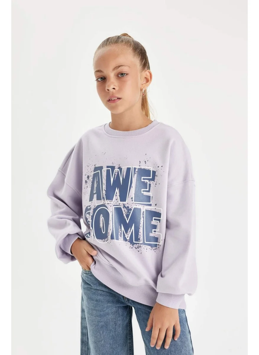 ديفاكتو Girl's Oversize Wide Pattern Crew Neck Printed Sweatshirt D2880A824WN