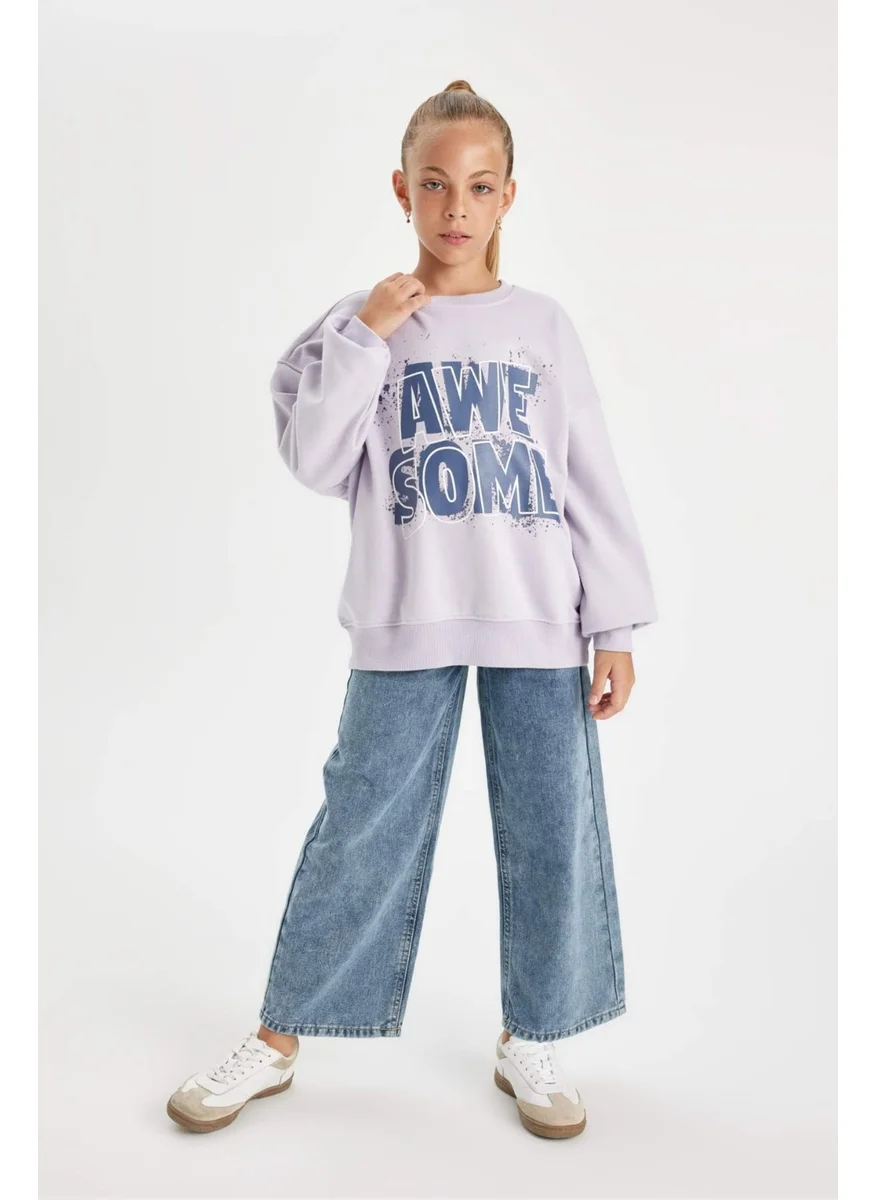 ديفاكتو Girl's Oversize Wide Pattern Crew Neck Printed Sweatshirt D2880A824WN