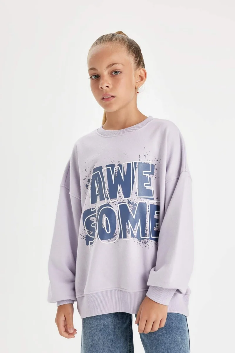 ديفاكتو Girl's Oversize Wide Pattern Crew Neck Printed Sweatshirt D2880A824WN