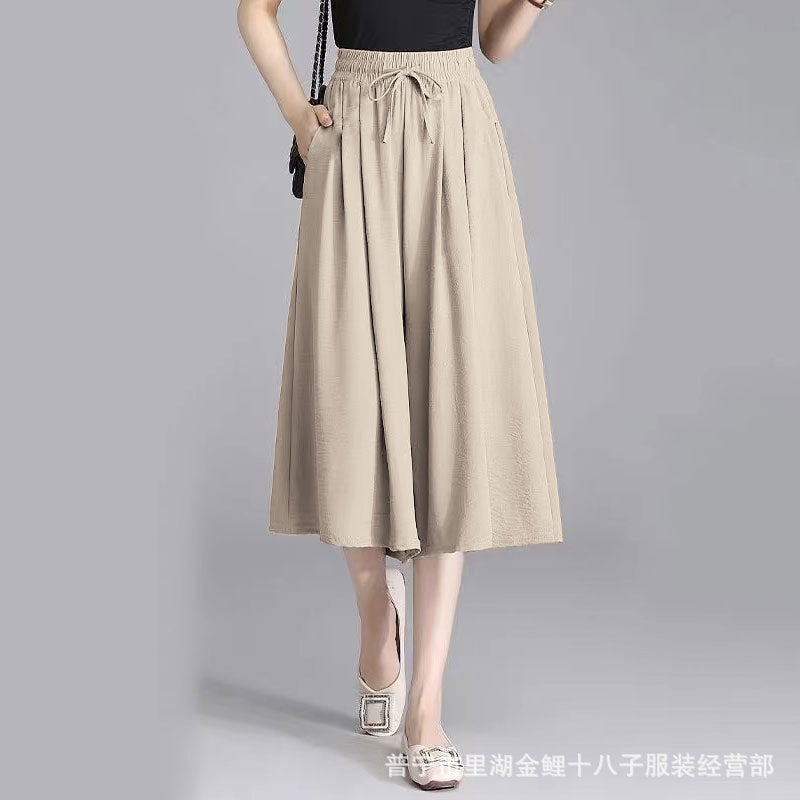 Casual Thin Cropped Pants Womens Summer New Korean-style High Waist Dipped Slim-fit Loose Small Ice Silk Wide-leg Pants Apricot