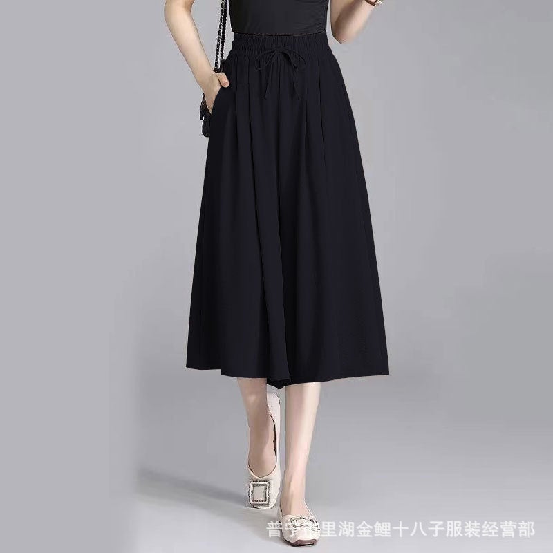 Casual Thin Cropped Pants Womens Summer New Korean-style High Waist Dipped Slim-fit Loose Small Ice Silk Wide-leg Pants Apricot