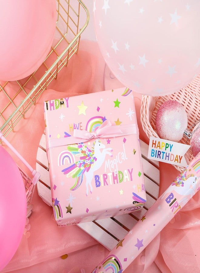 LeZakaa Pink Unicorn Birthday Wrapping Paper Roll for Girls Women, Have a Magical Birthday & Rainbow, Stars, Gold Foil Design for Baby Girl, Baby Shower, Mini Roll, 17 inches x 16.4 Feet - Image 5