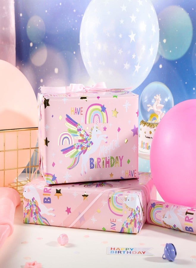 LeZakaa Pink Unicorn Birthday Wrapping Paper Roll for Girls Women, Have a Magical Birthday & Rainbow, Stars, Gold Foil Design for Baby Girl, Baby Shower, Mini Roll, 17 inches x 16.4 Feet - Image 3