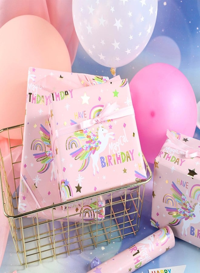LeZakaa Pink Unicorn Birthday Wrapping Paper Roll for Girls Women, Have a Magical Birthday & Rainbow, Stars, Gold Foil Design for Baby Girl, Baby Shower, Mini Roll, 17 inches x 16.4 Feet - Image 2