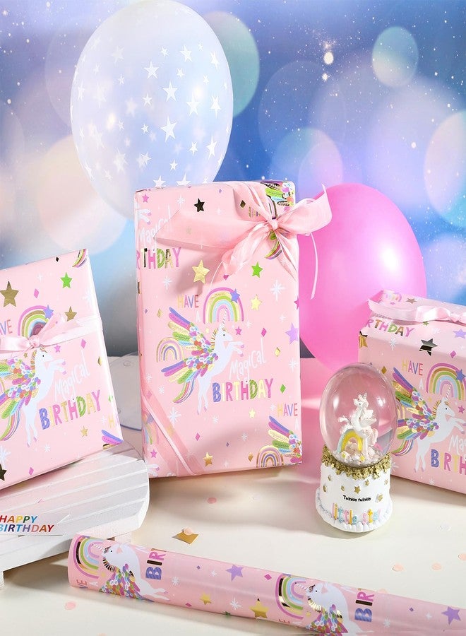LeZakaa Pink Unicorn Birthday Wrapping Paper Roll for Girls Women, Have a Magical Birthday & Rainbow, Stars, Gold Foil Design for Baby Girl, Baby Shower, Mini Roll, 17 inches x 16.4 Feet - Image 4