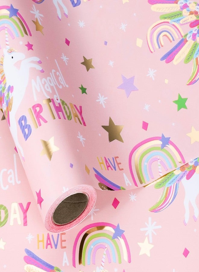 LeZakaa Pink Unicorn Birthday Wrapping Paper Roll for Girls Women, Have a Magical Birthday & Rainbow, Stars, Gold Foil Design for Baby Girl, Baby Shower, Mini Roll, 17 inches x 16.4 Feet - Image 1
